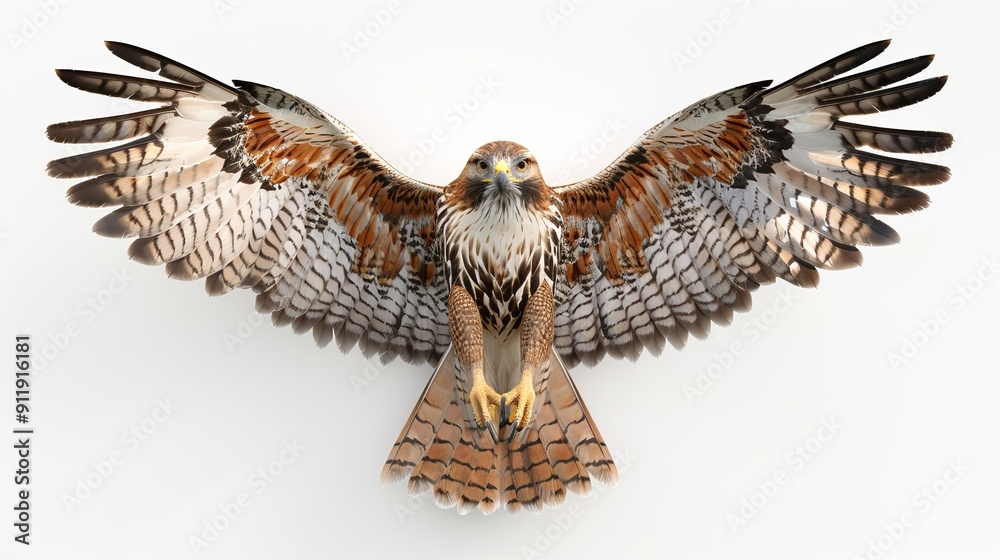 Front-facing hawk gliding, wings spread on a white background. Front-facing hawk gliding, wings spread on a white background.