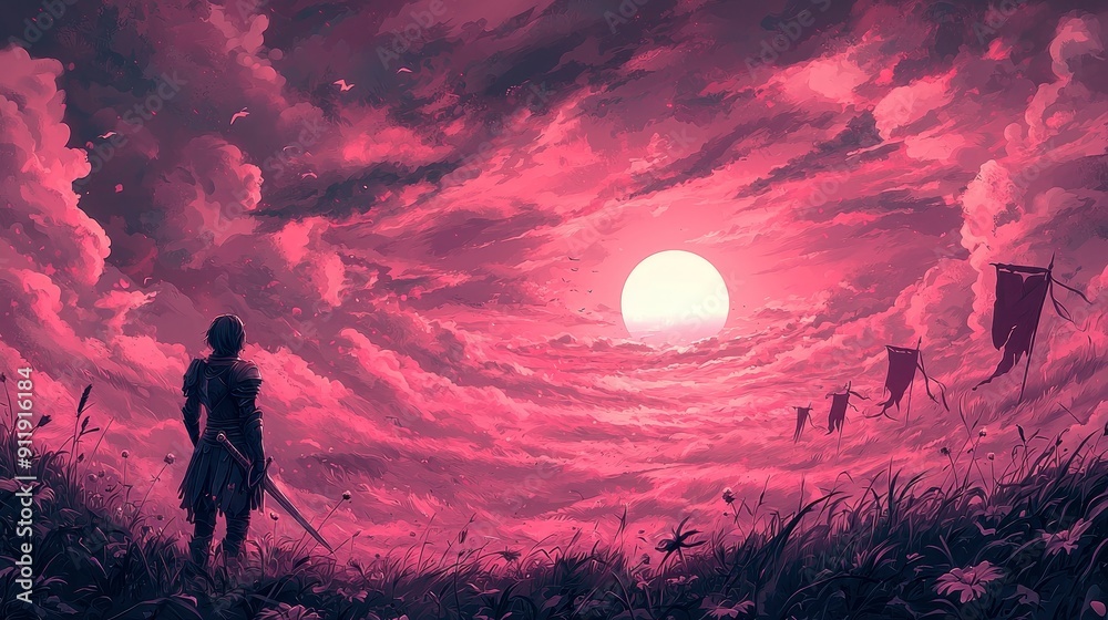 Silhouette of a warrior gazing at a pink sunset with a sword Silhouette of a warrior gazing at a pink sunset with a sword