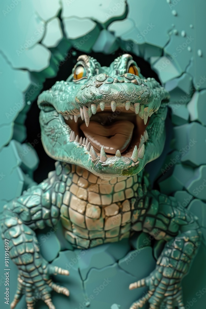 Obraz premium A green crocodile with sharp teeth peeks through a cracked teal wall.