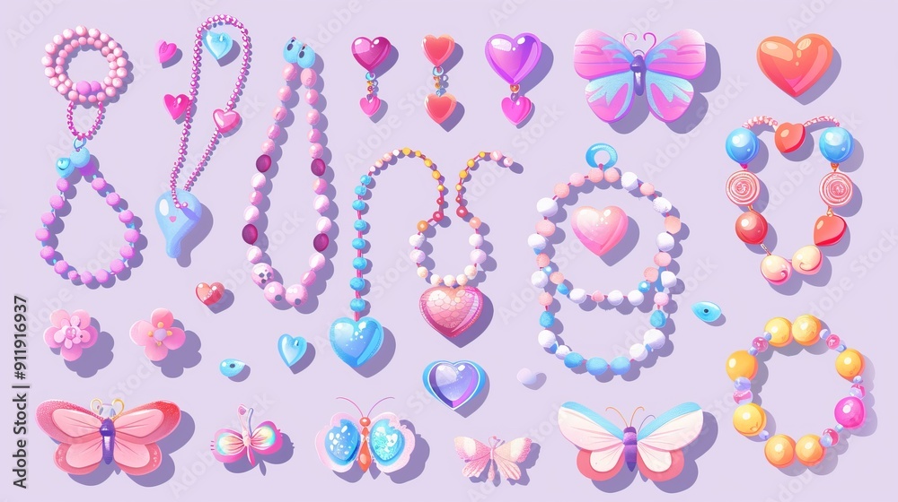 Collection of colorful jewelry items on light purple background. Collection of colorful jewelry items on light purple background.