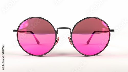 Stylish round glasses with pink lenses on white background photo