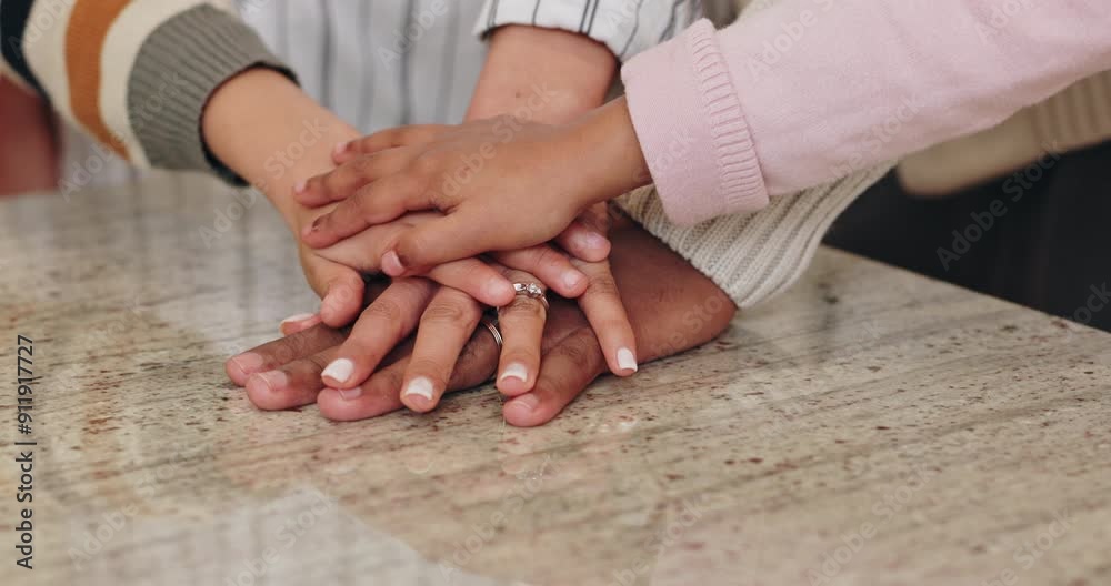 Family, stack and hands together for support in home with fun activity, unity or love on table in dining room. Closeup of parents, children or piling for protection, collaboration or bonding in house