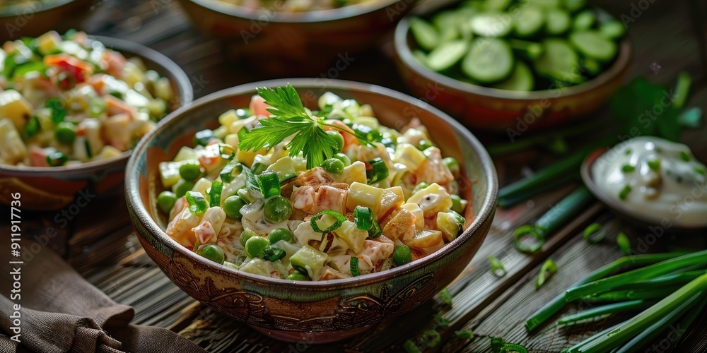 Olivier salad with mixed vegetables and canned peas served in bowls with salted cucumbers green onions and mayonnaise sauce on a rustic wooden table Traditional Russian cuisine lunch dish Olivier salad with mixed vegetables and canned peas served in bowls with salted cucumbers green onions and mayonnaise sauce on a rustic wooden table Traditional Russian cuisine lunch dish