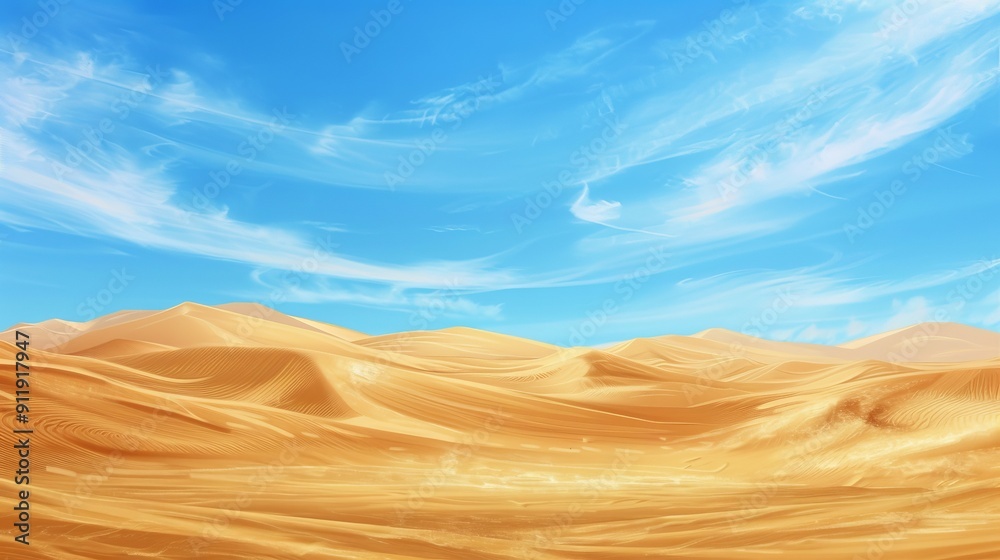 Endless sand dunes under a blue sky with wispy clouds.