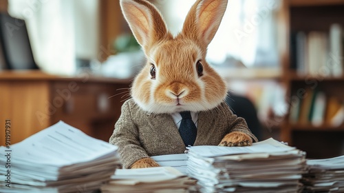 A whimsical bunny dressed in a suit sits at a desk piled with documents, blending the charm of animals and business. photo