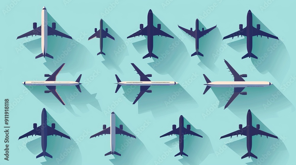 Various airplanes with shadows on blue background