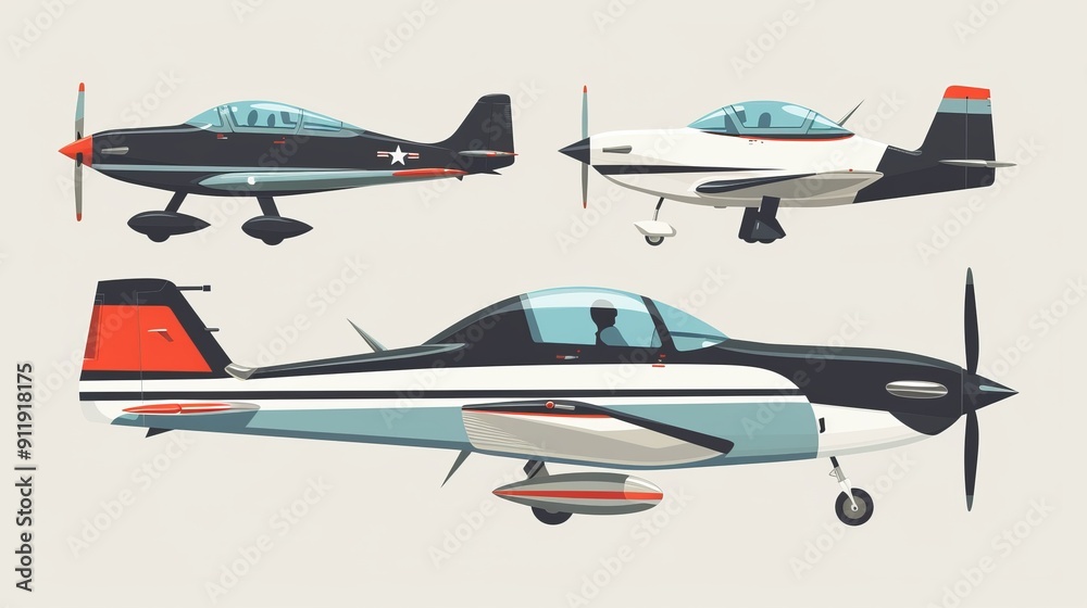Fototapeta premium Three aircraft illustrations with sleek designs against white