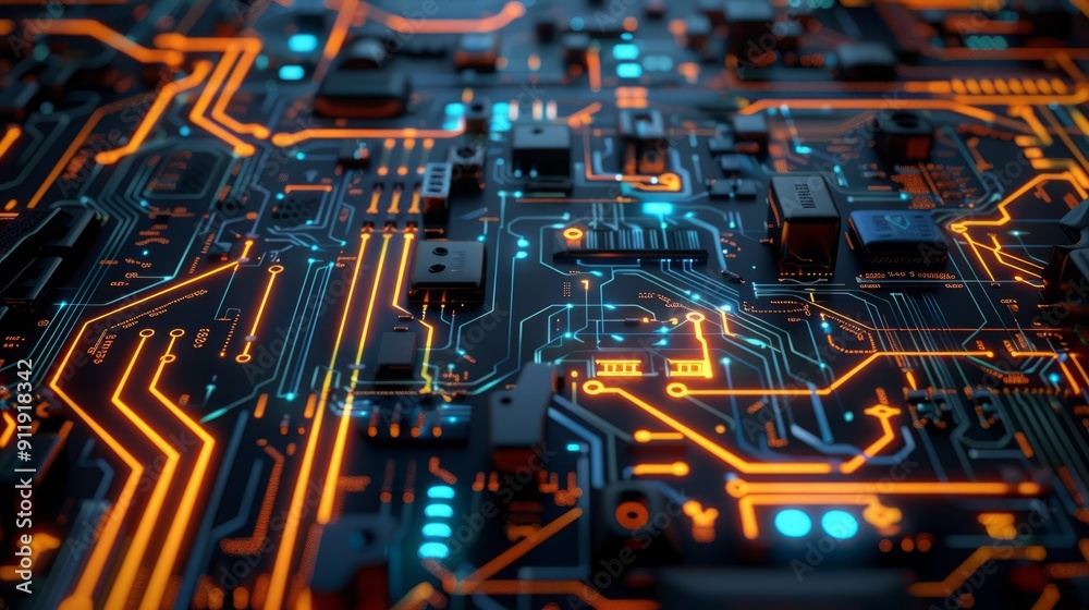 Close-up of a circuit board with glowing orange and blue wires. Close-up of a circuit board with glowing orange and blue wires.