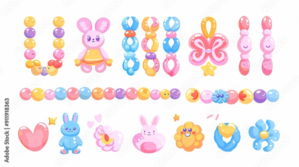 Balloon animal shapes and flowers in bright playful colors Balloon animal shapes and flowers in bright playful colors