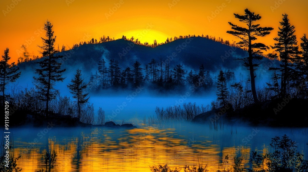 Misty Sunrise Over a Silhouetted Forest Misty Sunrise Over a Silhouetted Forest
