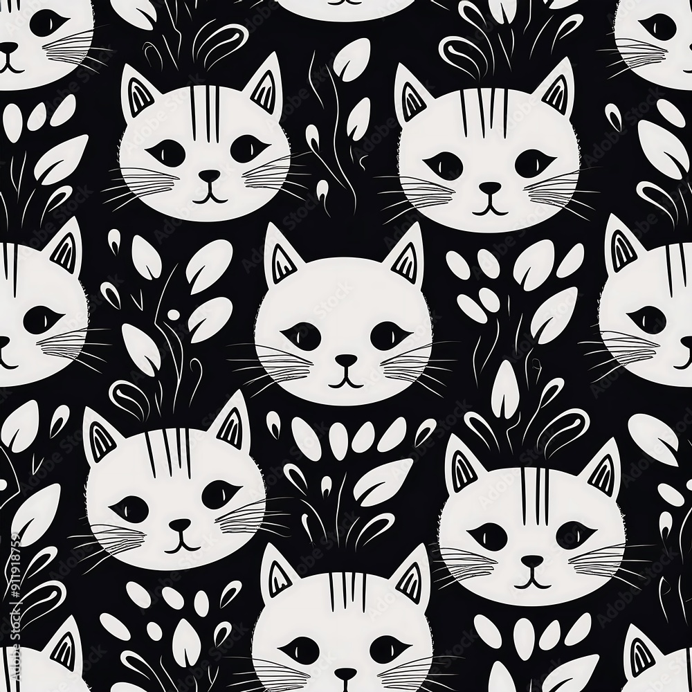 Obraz premium Seamless pattern with cute cat and kittens