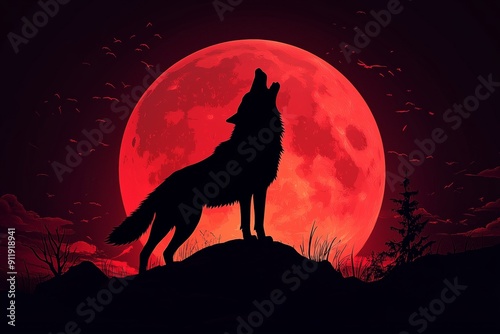 Halloween Full Moon Wolf Blood Red. Full Moon Blood Red with Howling Wolf black night sky for Halloween or Desert photo