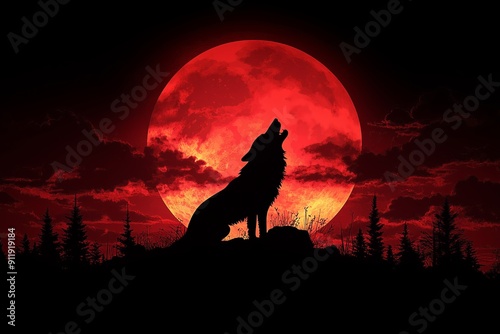 Halloween Full Moon Wolf Blood Red. Full Moon Blood Red with Howling Wolf black night sky for Halloween or Desert