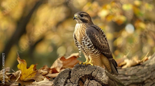 Hawk standing on log in autumn forest scene. photo