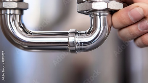 Plumber fixing galvanized pipe with wrench. under a sink