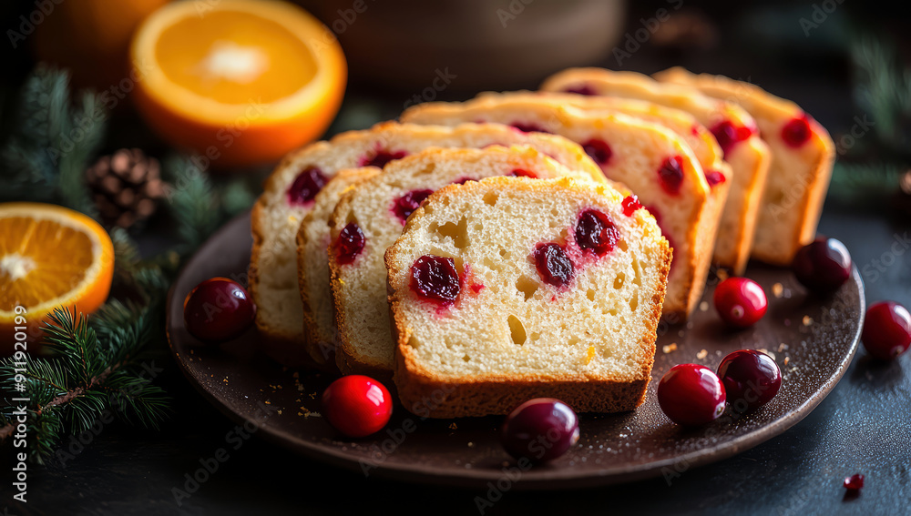Baked cranberry orange bread surrounded oranges and cranberries Baked cranberry orange bread surrounded oranges and cranberries