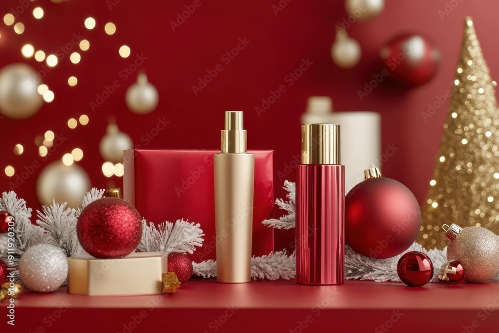 group of cosmetics products. Empty red tubes for cosmetics. Christmas, winter presentation. group of cosmetics products. Empty red tubes for cosmetics. Christmas, winter presentation.