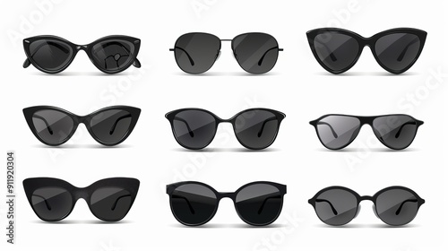 Nine stylish black sunglasses with dark lenses