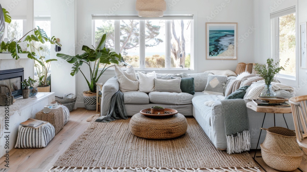 Fototapeta premium coastal Scandinavian living room , Scandinavian coastal living room , cozy textiles living room