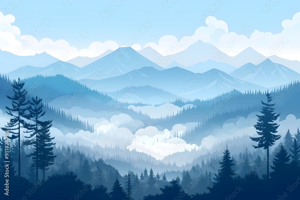 Fototapeta premium Serene Majestic Mountains Lush Forests Tranquil Clouds Blue Palette Nature Beauty Scenic View. Landscape 