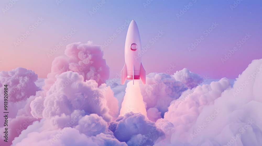 Naklejka premium Futuristic-themed rocket taking off with clouds and website graphics