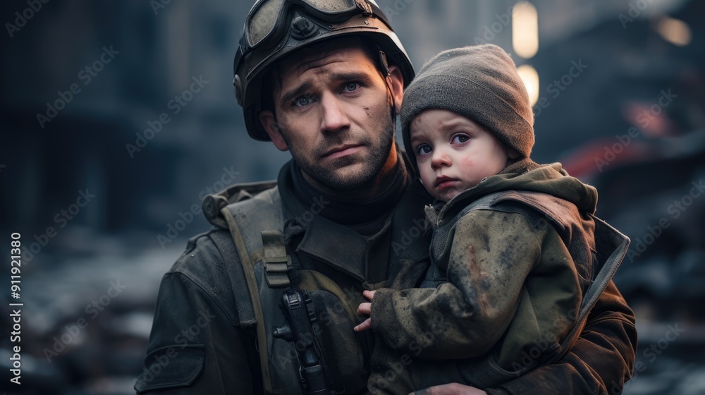 Fototapeta premium Brave Soldier Rescuing Distressed Child in Devastated Village Amidst Chaos