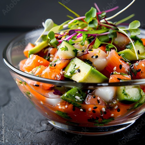 Delicate Mexican ceviche with fresh citrusmarinated fish, avocado, and microgreens, served in a sleek glass bowl Light and vibrant, refreshing and elegant, Mexican seafood dish photo