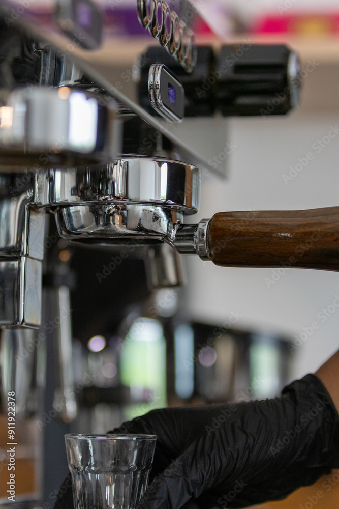 To prepare an espresso, finely ground coffee is used to brew a small, concentrated shot of coffee. The process begins by tamping the coffee grounds tightly into the portafilter. Hot water, under high To prepare an espresso, finely ground coffee is used to brew a small, concentrated shot of coffee. The process begins by tamping the coffee grounds tightly into the portafilter. Hot water, under high