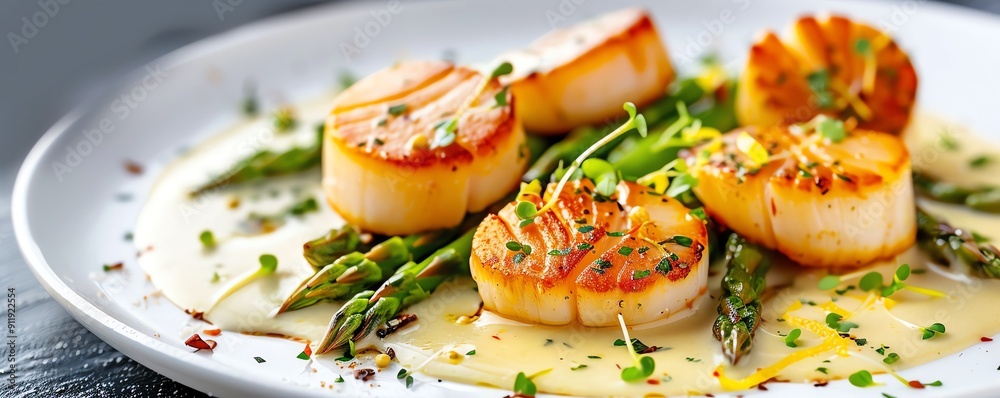 Exquisite Italian panseared scallops with a lemon butter sauce and asparagus, elegantly plated with microgreens Tender and succulent, vibrant and refined, highend Italian cuisine Exquisite Italian panseared scallops with a lemon butter sauce and asparagus, elegantly plated with microgreens Tender and succulent, vibrant and refined, highend Italian cuisine
