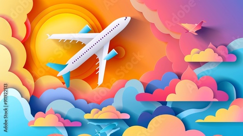 Colorful artistic flight scene with paper clouds, sun photo