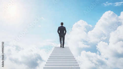 A businessman in a suit climbs a staircase into the clouds, symbolizing ambition, progress, and reaching new heights in his career.