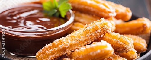 Fusion Mexican churros with seasonal applecinnamon filling, served with a side of spicy chocolate sauce Sweet and spicy, crispy and inviting, seasonal dessert, Mexican treats photo