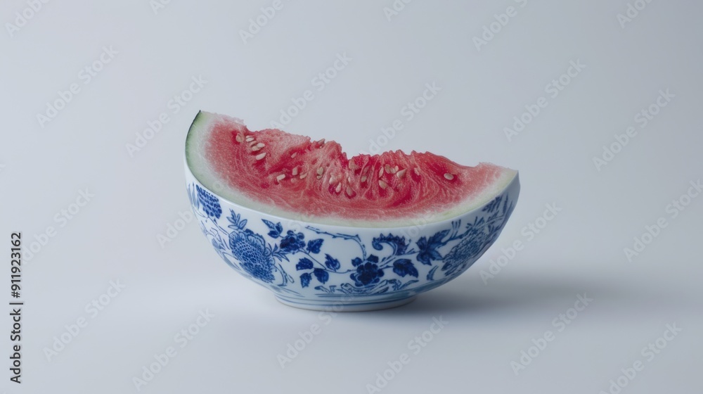 Watermelon slice in a blue and white bowl on white background. Watermelon slice in a blue and white bowl on white background.
