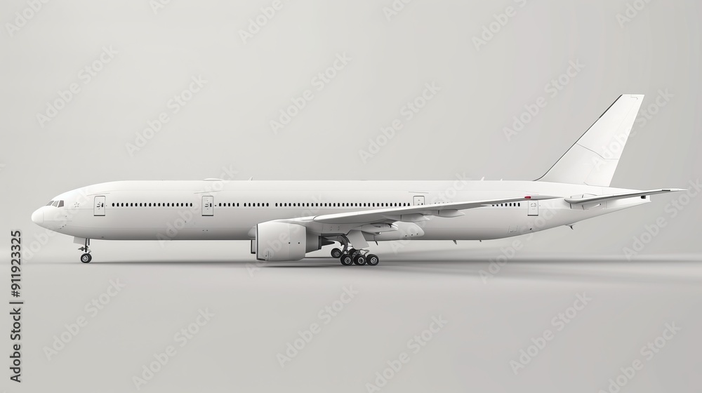 White airplane on a plain background, side view shot. White airplane on a plain background, side view shot.