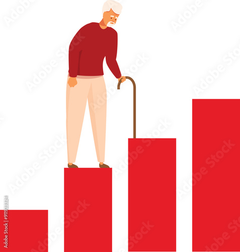 Senior man with walking stick climbing growing chart bars, concept of longevity, increasing life expectancy
