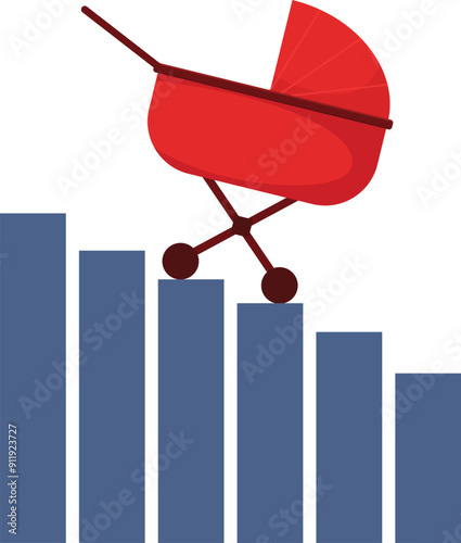 Red baby carriage is balancing precariously on a decreasing chart, symbolizing the challenges of declining birth rates