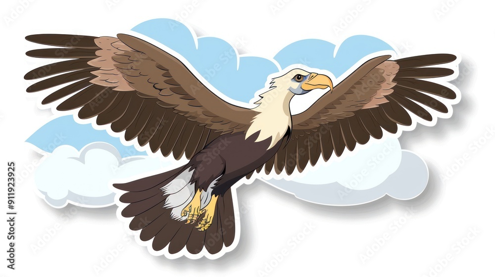Fototapeta premium Cartoon eagle with brown and white feathers soaring through blue sky with clouds.