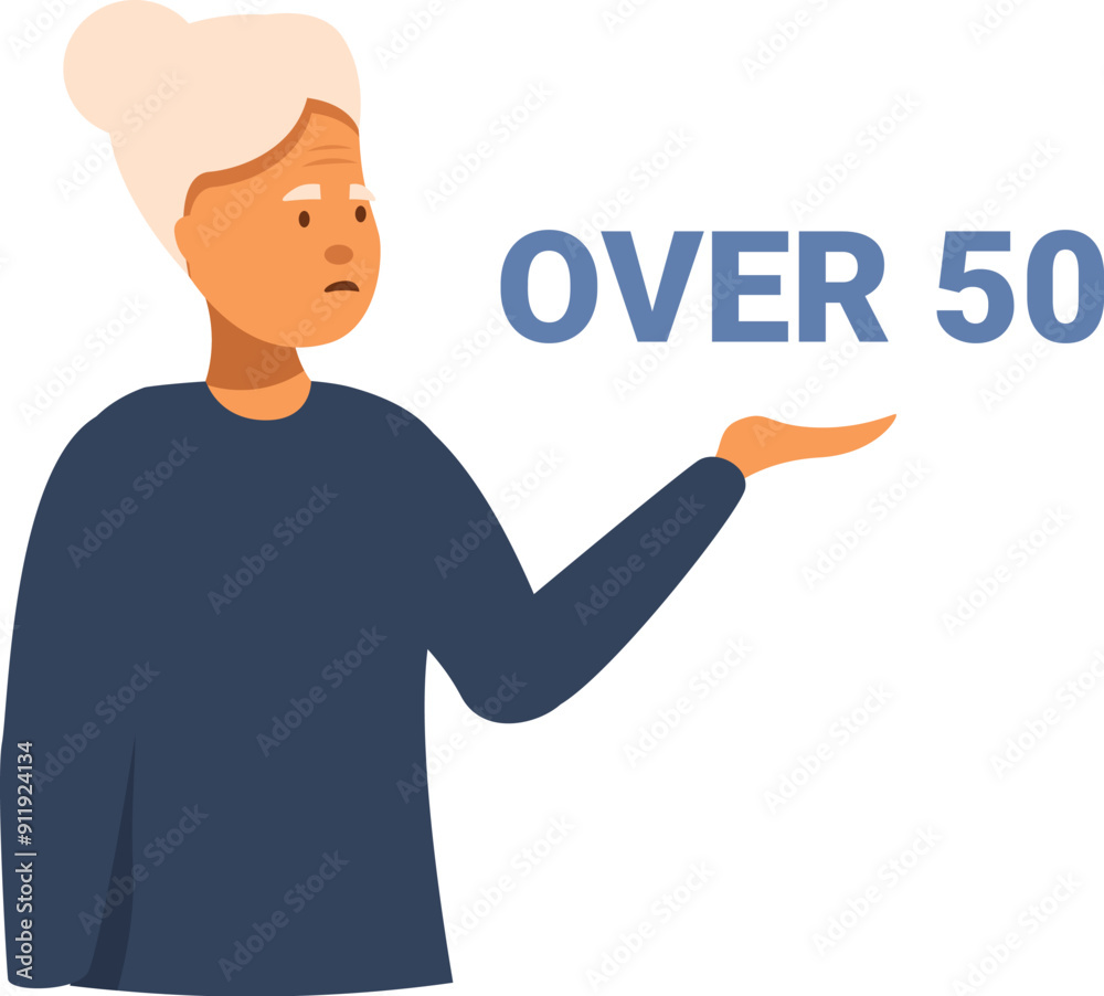 Elderly woman is gesturing towards a sign that reads over 50, highlighting the issue of ageism Elderly woman is gesturing towards a sign that reads over 50, highlighting the issue of ageism
