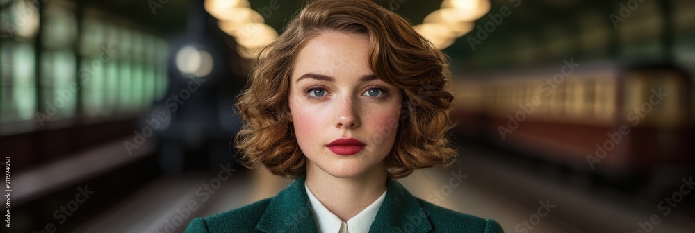 Fototapeta premium Elegant woman with curly hair and red lipstick