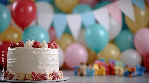 Festive birthday cake with colorful balloons