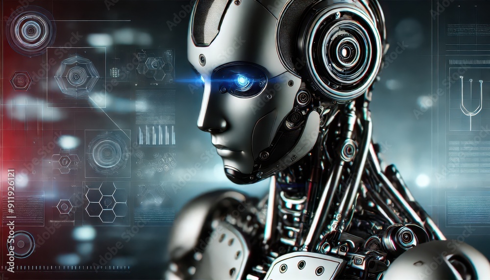 Futuristic Robot with Glowing Blue Eye and Digital Interface - AI, Cyborg, Artificial Intelligence, Technology Concept. Futuristic Robot with Glowing Blue Eye and Digital Interface - AI, Cyborg, Artificial Intelligence, Technology Concept.