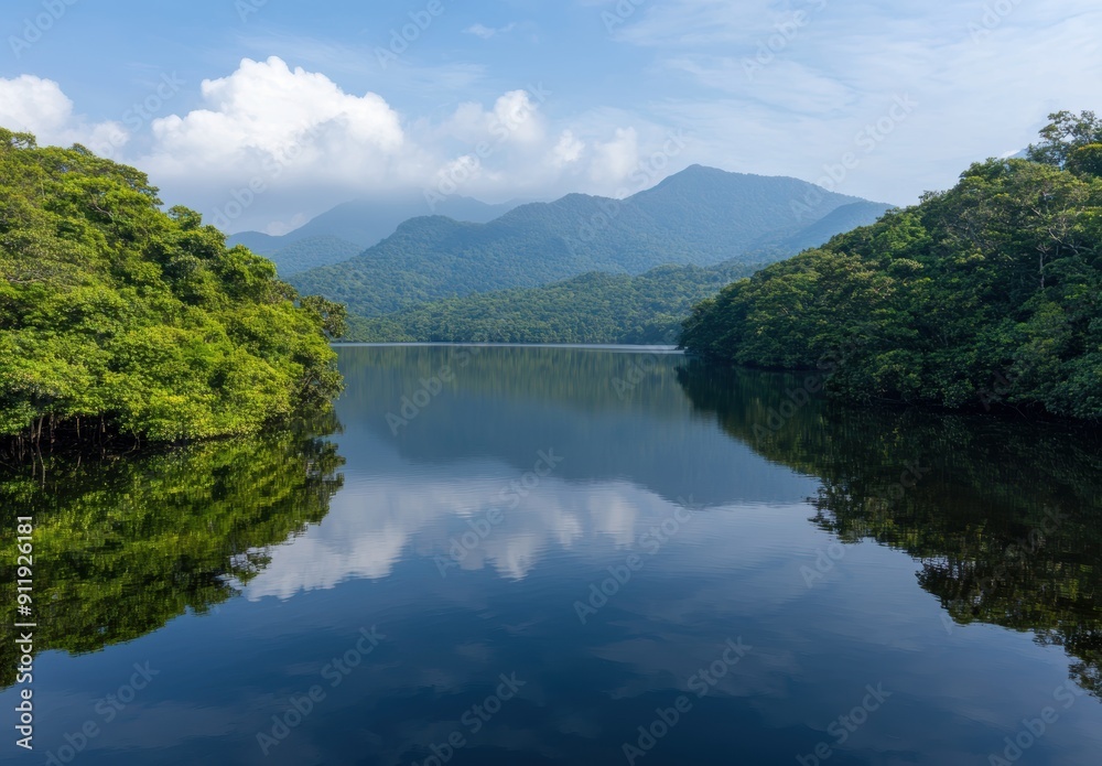Serene mountain lake surrounded by lush green forest Serene mountain lake surrounded by lush green forest