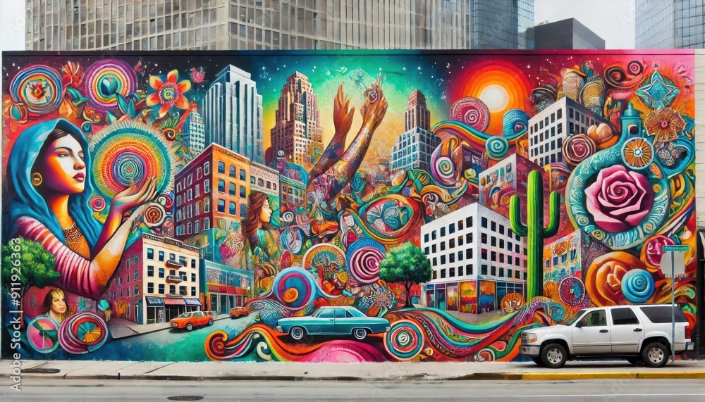 Colorful Urban Mural Art with Woman, Buildings, Cars and Rose - Street Art, Graffiti, Cityscape, Downtown Colorful Urban Mural Art with Woman, Buildings, Cars and Rose - Street Art, Graffiti, Cityscape, Downtown