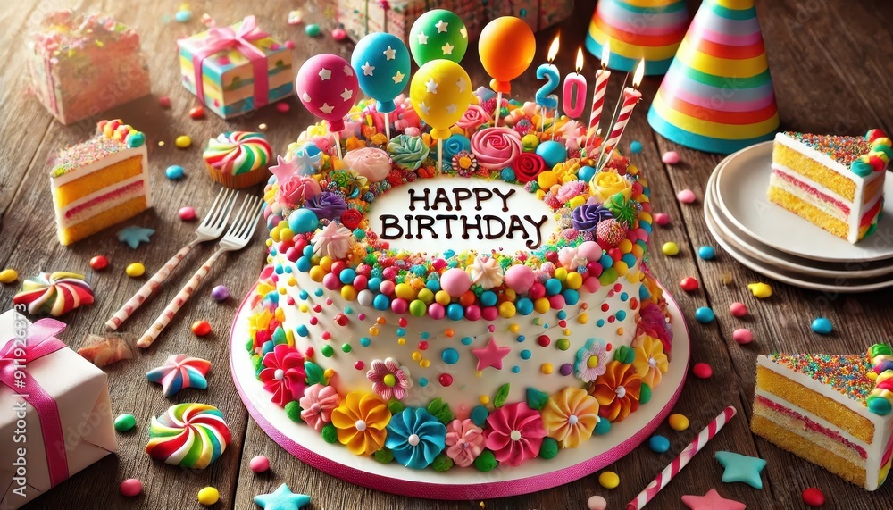 Festive Birthday Cake with Candles, Balloons, and Decorations on Wooden Table. Festive Birthday Cake with Candles, Balloons, and Decorations on Wooden Table.