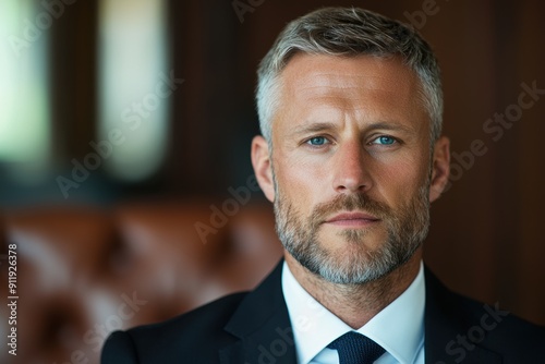 Serious businessman with gray hair and beard looking thoughtful