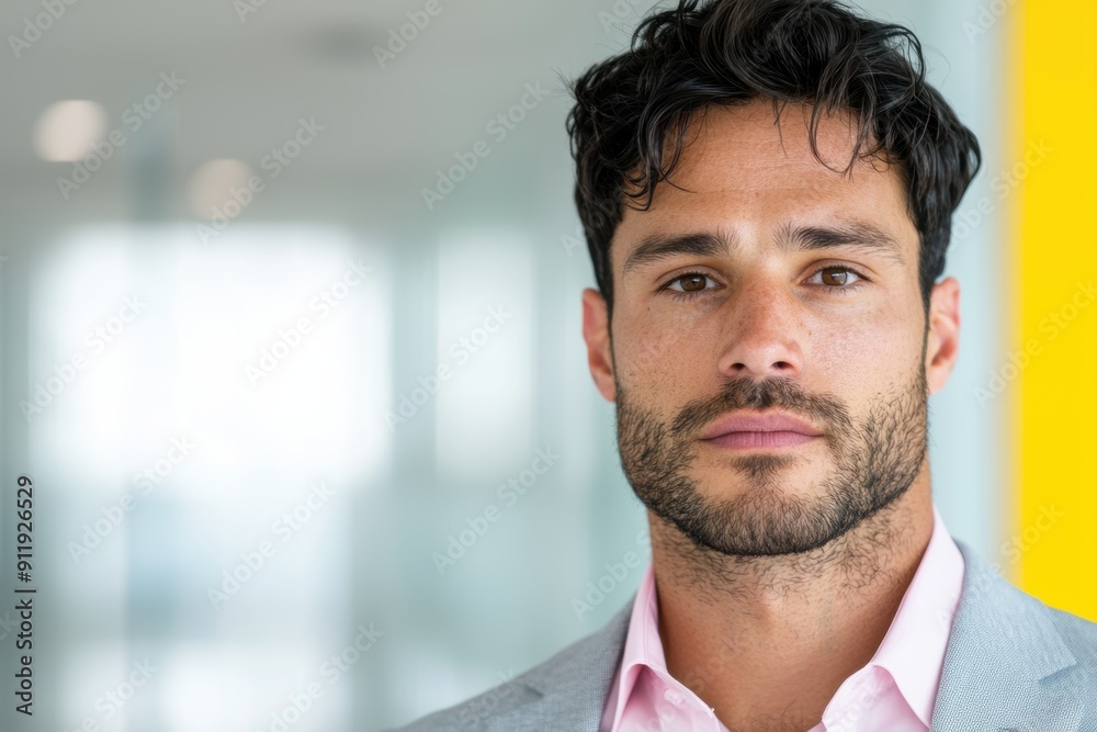 Confident young businessman with curly hair and beard Confident young businessman with curly hair and beard