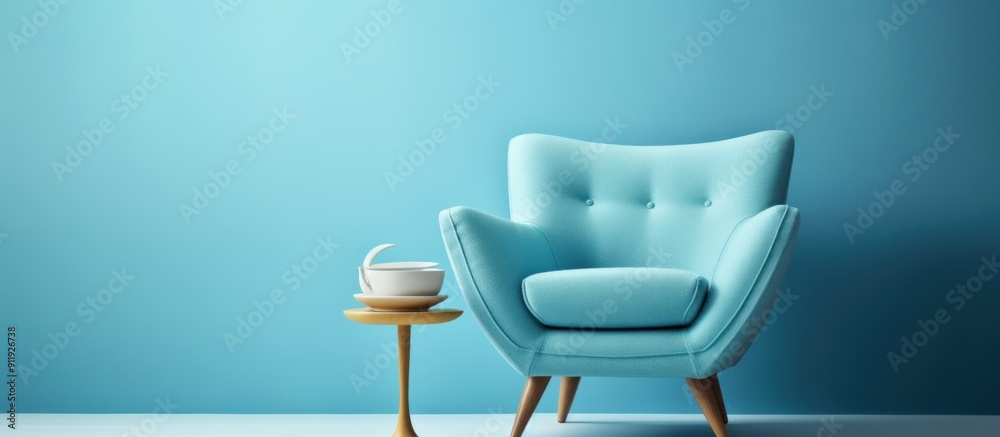 Blue Armchair with Side Table and White Cups in a Minimalist Setting Blue Armchair with Side Table and White Cups in a Minimalist Setting