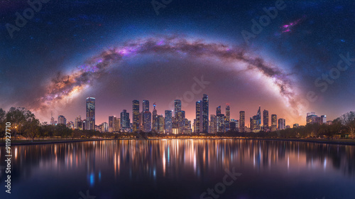 A bustling city skyline illuminated at night, with towering skyscrapers and shimmering city lights reflecting off a nearby river.