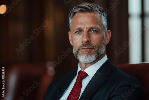 Serious businessman with gray beard and blue eyes