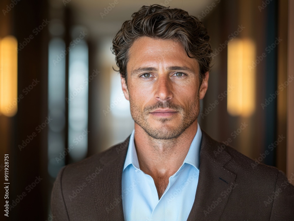 Thoughtful man with curly hair and beard wearing a suit